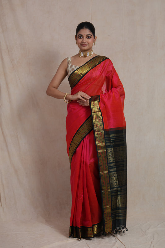 Front view of Pinkish Red Kanchipuram Handloom SICO Saree with black contrast border