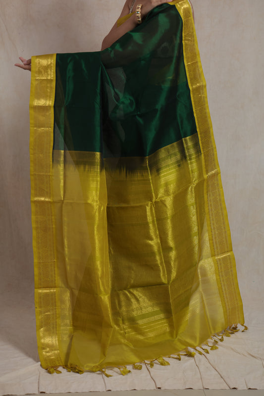 Emerald Green Kanchipuram Silk Cotton Saree with Mustard Border