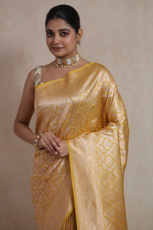 Golden Yellow Banarasi Silk Saree with Intricate Woven Floral Jaal