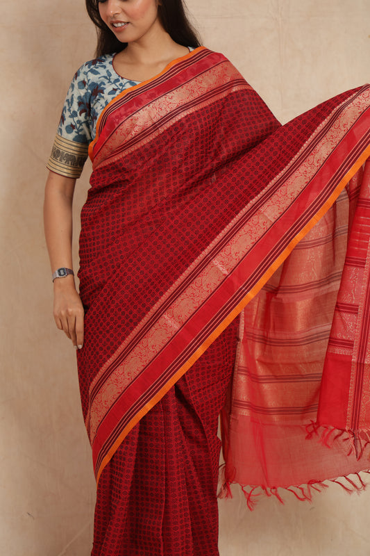 Handwoven Kanchipuram Cotton Saree in Red with Woven Border & Woven Buttas