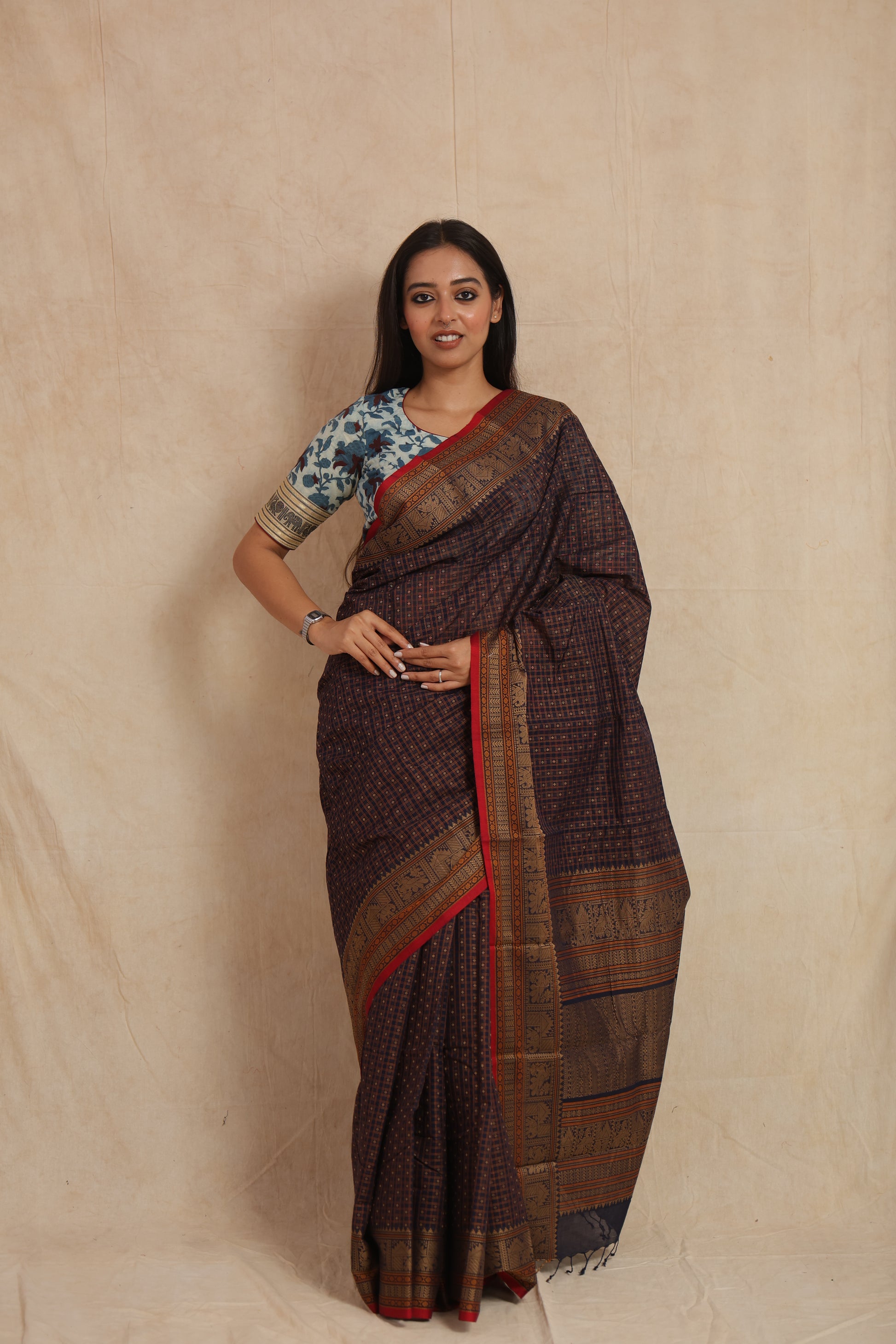 Midnight blue Kanchipuram handloom cotton saree with traditional woven border