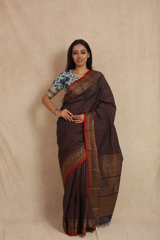 Midnight blue Kanchipuram handloom cotton saree with traditional woven border
