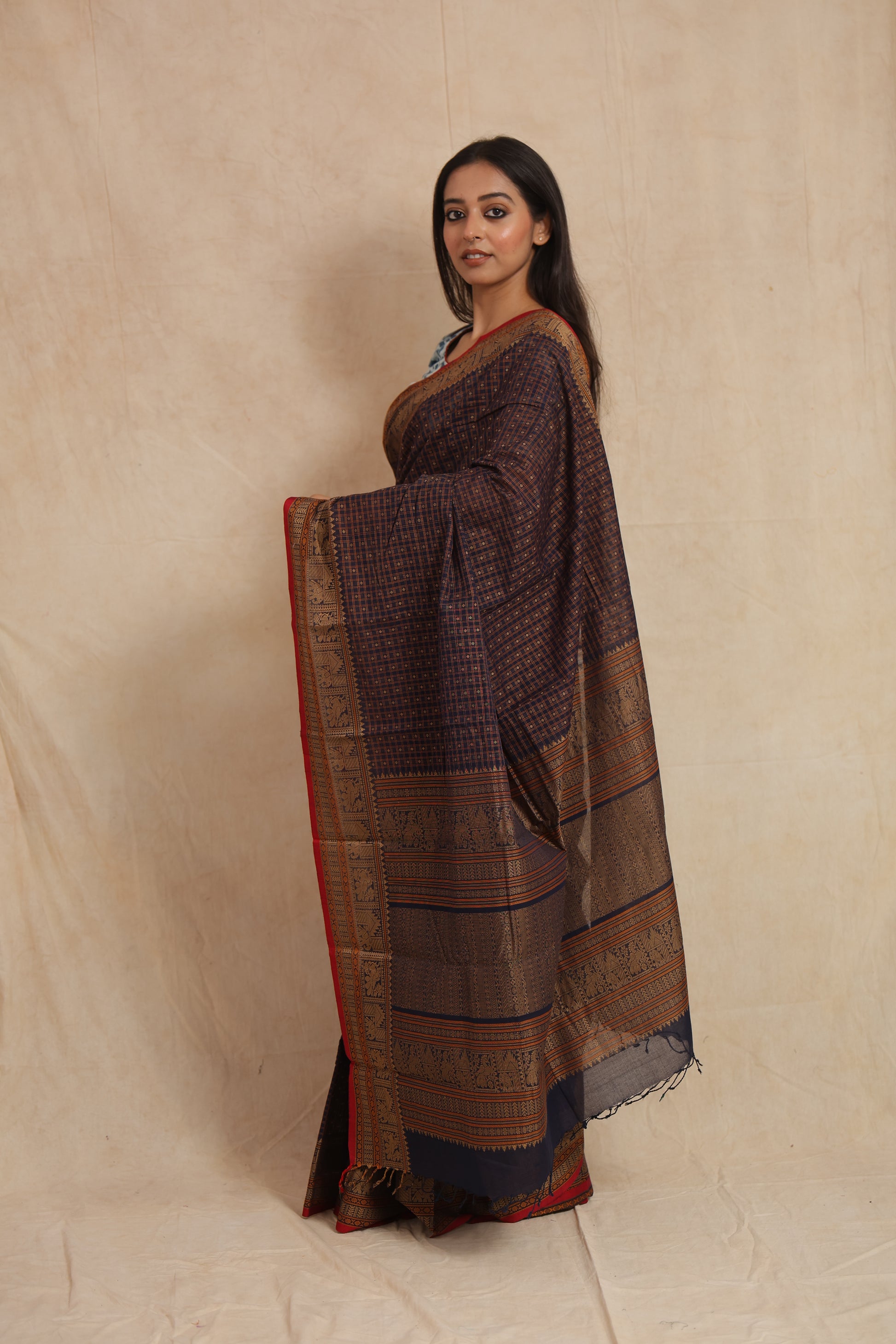 Side view of Kanchipuram handloom cotton saree with intricate border design