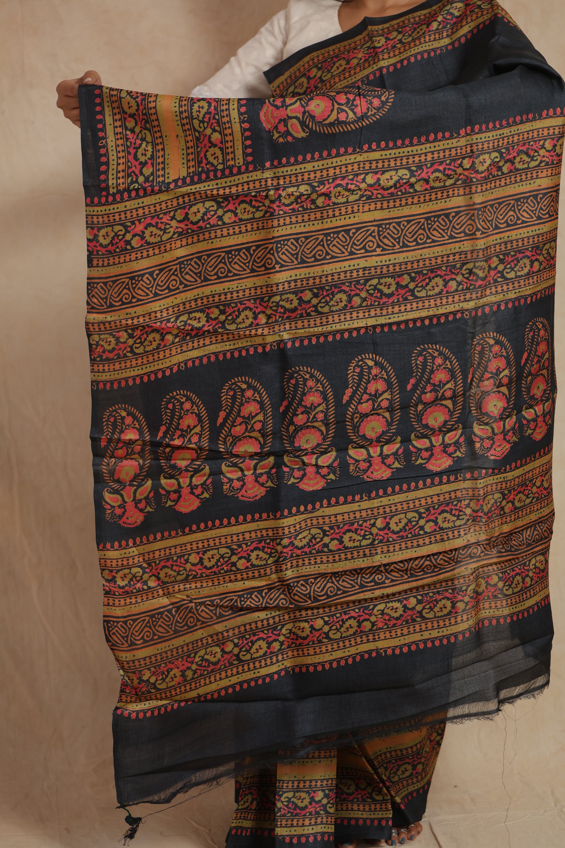 Traditional Batik pallu design on midnight zed black Tussar silk saree