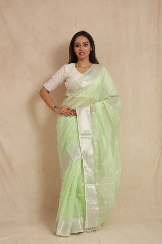 Front view of pastel mint green Maheshwari SICO saree with delicate woven buttas and elegant border