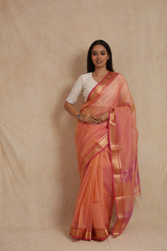 Blush Peach Maheshwari Handloom Silk Cotton Saree with Golden Woven Border