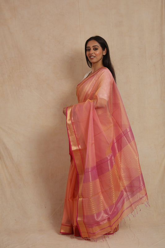 Blush Peach Maheshwari Handloom Silk Cotton Saree with Golden Woven Border