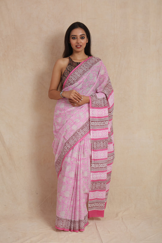 Light Pink Floral Printed Cotton Saree with Maroon Printed Border