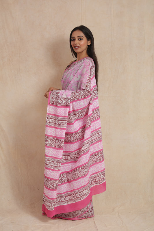 Light Pink Floral Printed Cotton Saree with Maroon Printed Border