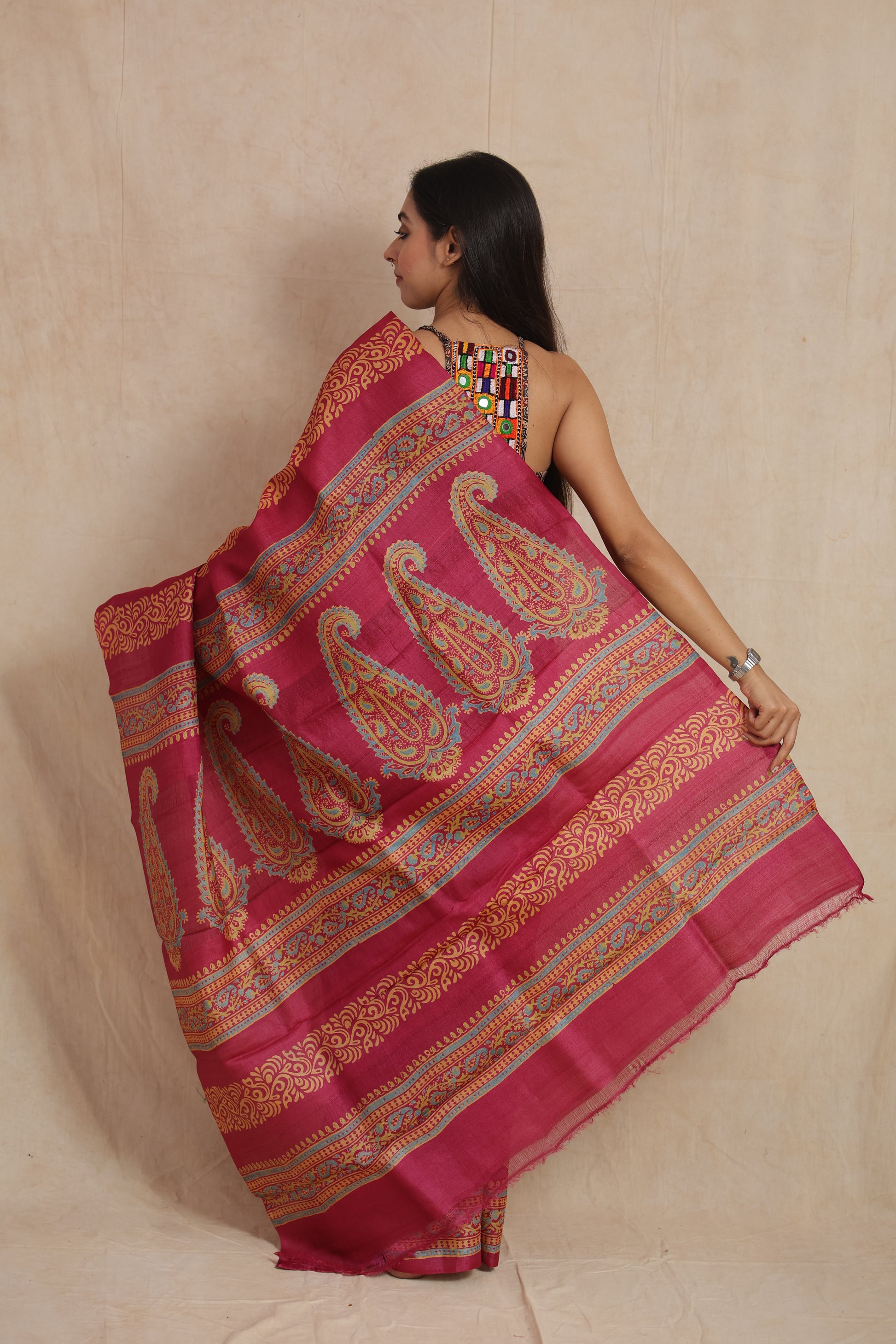 Traditional Tassar print saree with large paisley pallu design