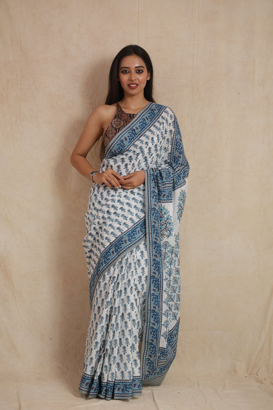 Summer Wearing White & Sky Blue Floral Hand Block Print Cotton Saree with Blue Border