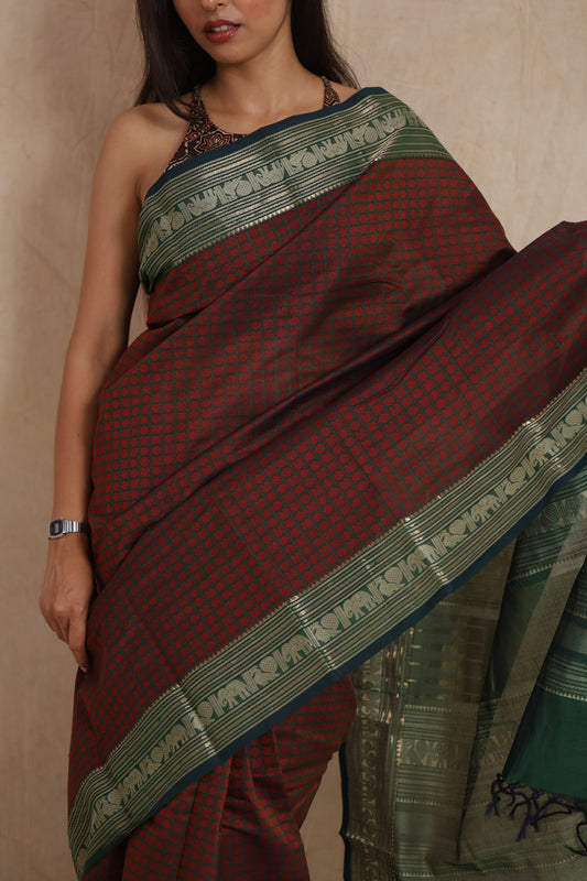 Traditional Kanchipuram cotton saree with detailed woven pallu and contrast border