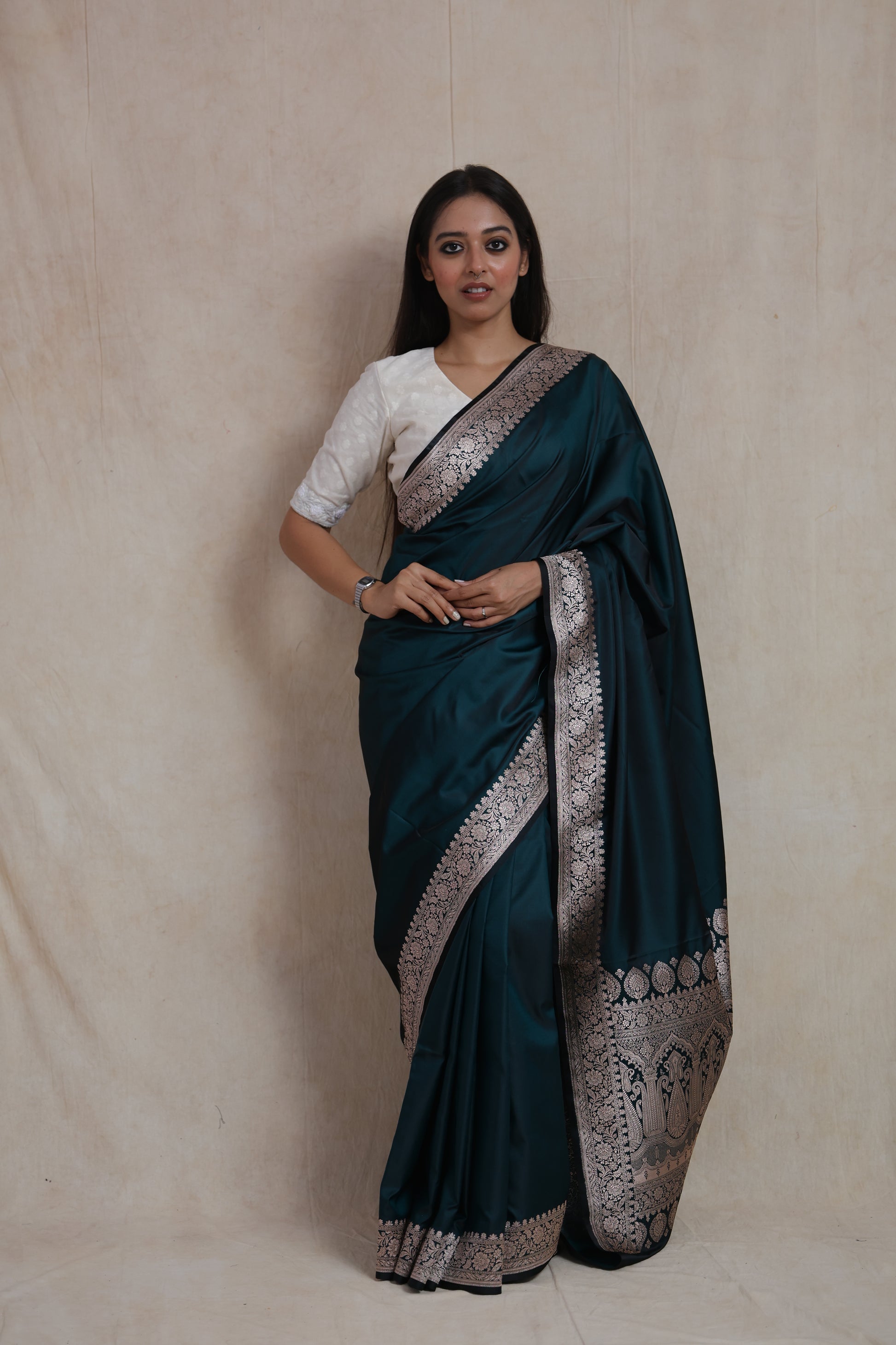 Full front view of midnight teal Banarasi art silk saree with rich pallu and heritage-inspired weaving