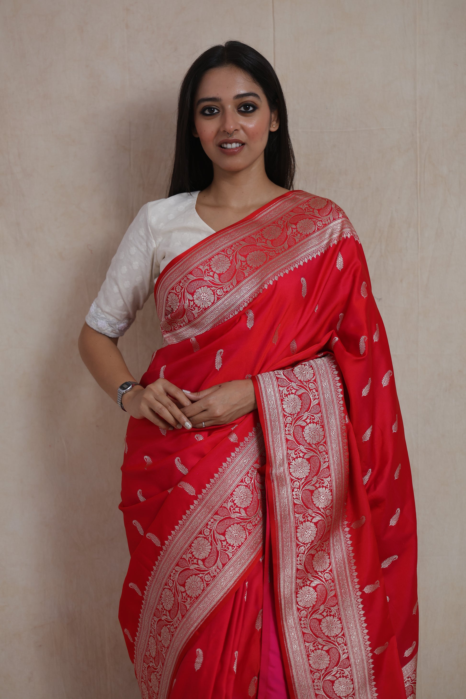 Close-up of Banarasi art silk saree featuring elegant woven buttas and rich texture