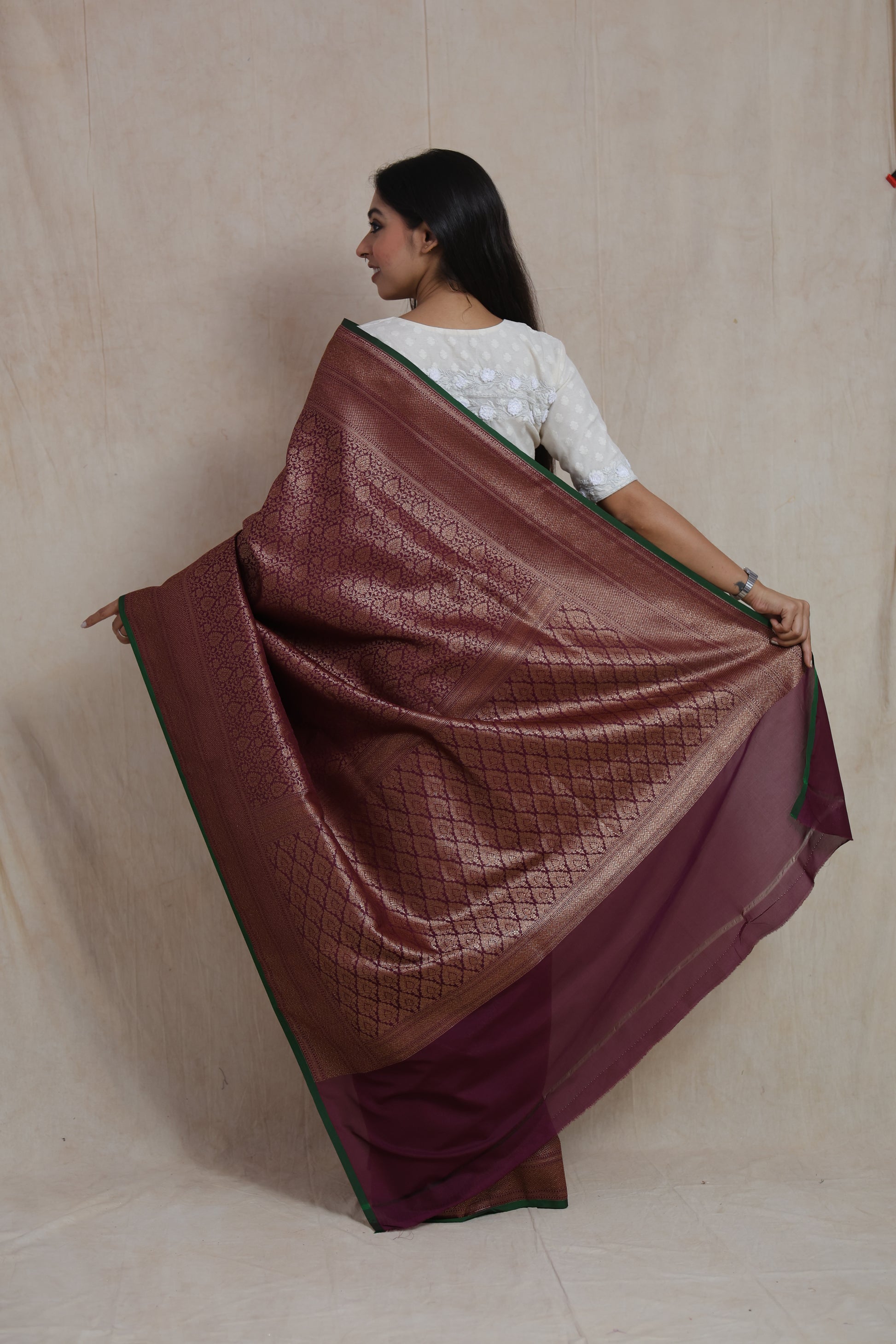 Back view showcasing the richly woven Banarasi silk pallu with traditional motifs