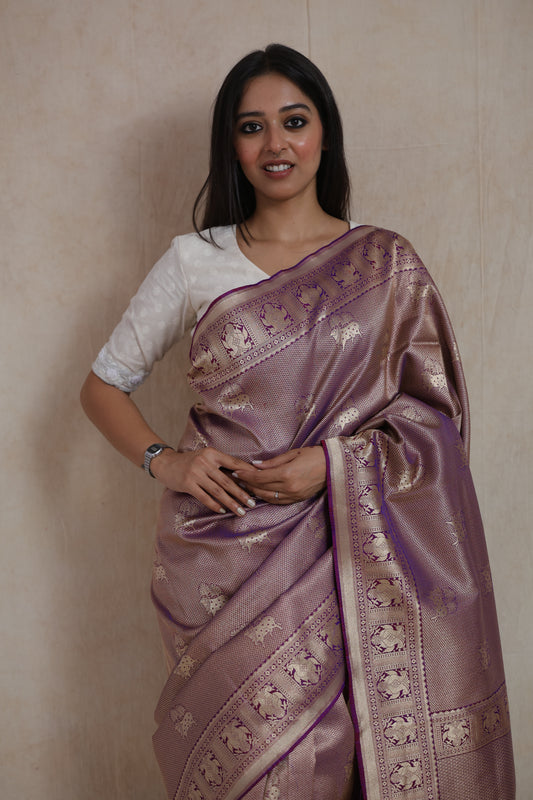 Close-up of Banarasi silk saree with intricate elephant motif border and woven texture