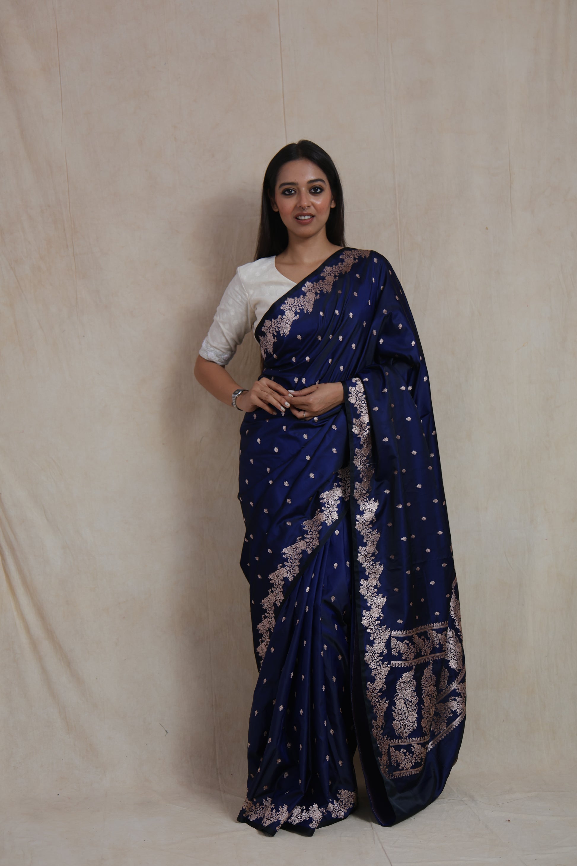 Full-length view of royal navy blue Banarasi art silk saree with woven buttas and rich pallu