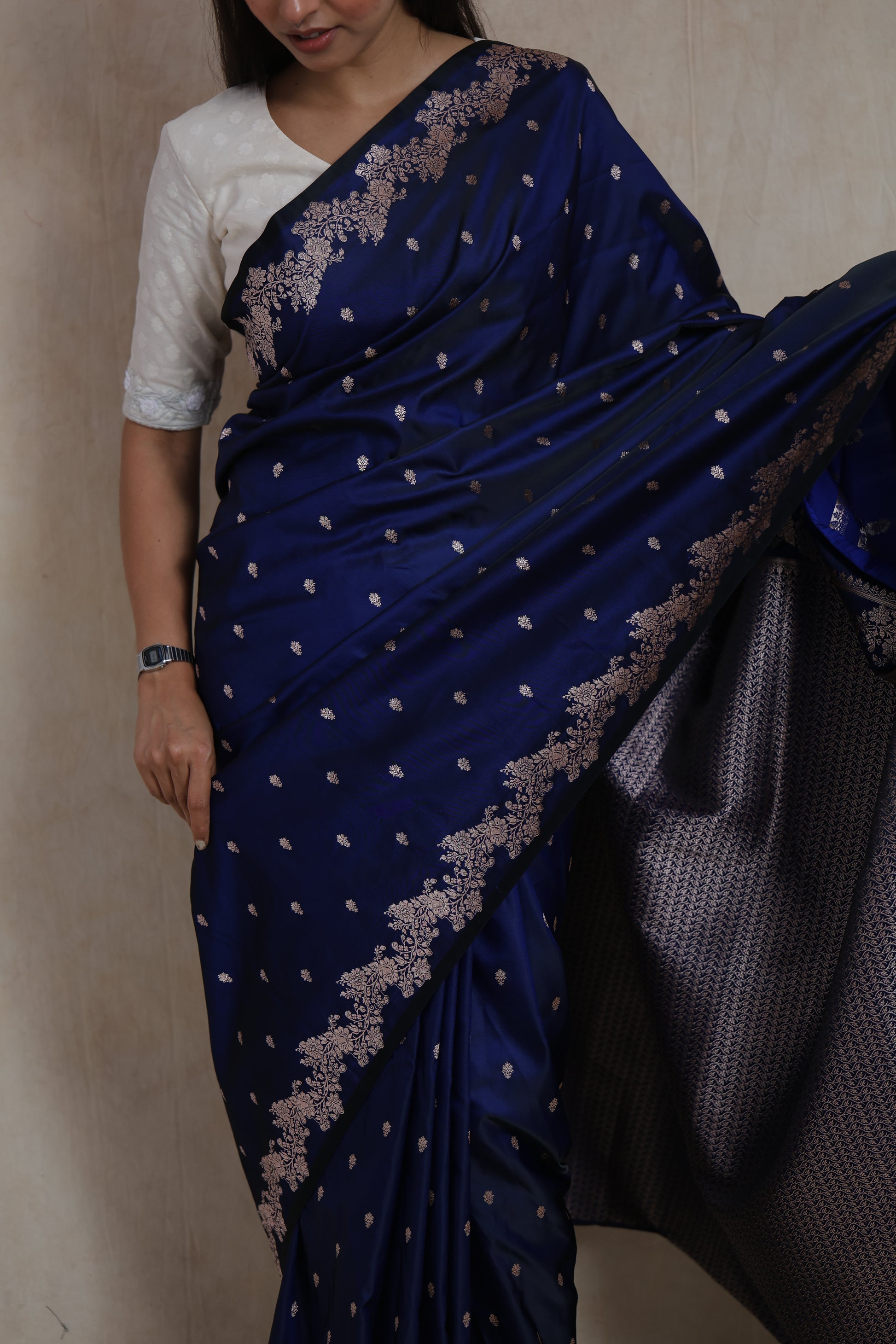 Portrait view of royal navy blue Banarasi art silk saree with elegant woven floral motifs