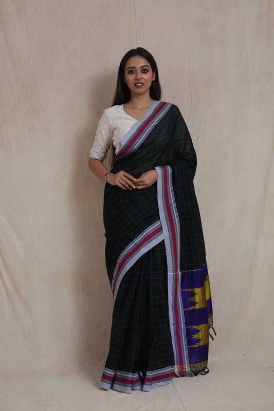 Black & Deep Purple Ilkal Handloom Cotton Saree with Traditional Contrast Pallu