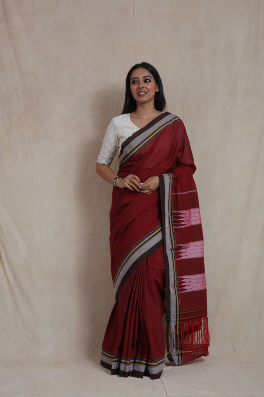 Handwoven Crimson Red Ikat Cotton Saree with Contrast Brown Border & Pink Pallu