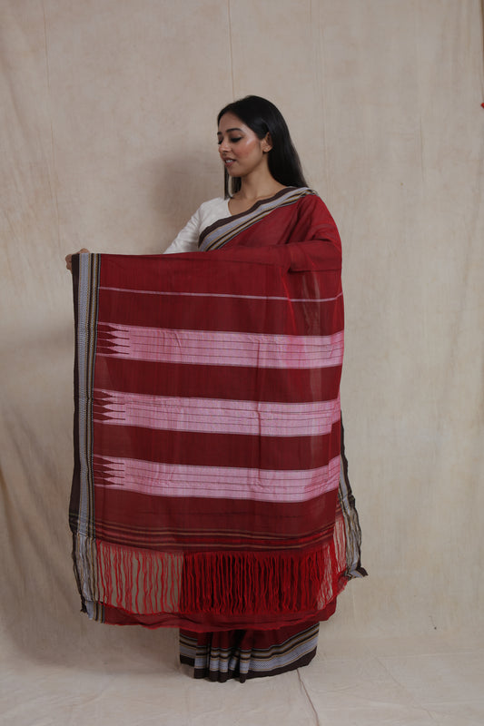 Handwoven Crimson Red Ikat Cotton Saree with Contrast Brown Border & Pink Pallu
