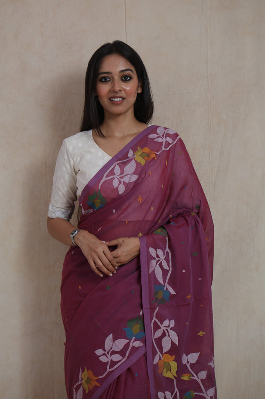 Elegant Bengal Cotton Fulia saree in royal plum with handcrafted floral motifs and lightweight drape