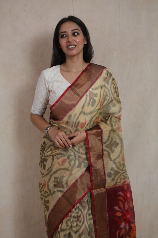 Elegant Beige Pochampally SICO Saree with Traditional Ikat Floral Motifs & Maroon Pallu