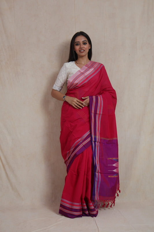 Handwoven Rani Pink Ilkal Saree with Contrast Purple Pallu & Traditional Stripes