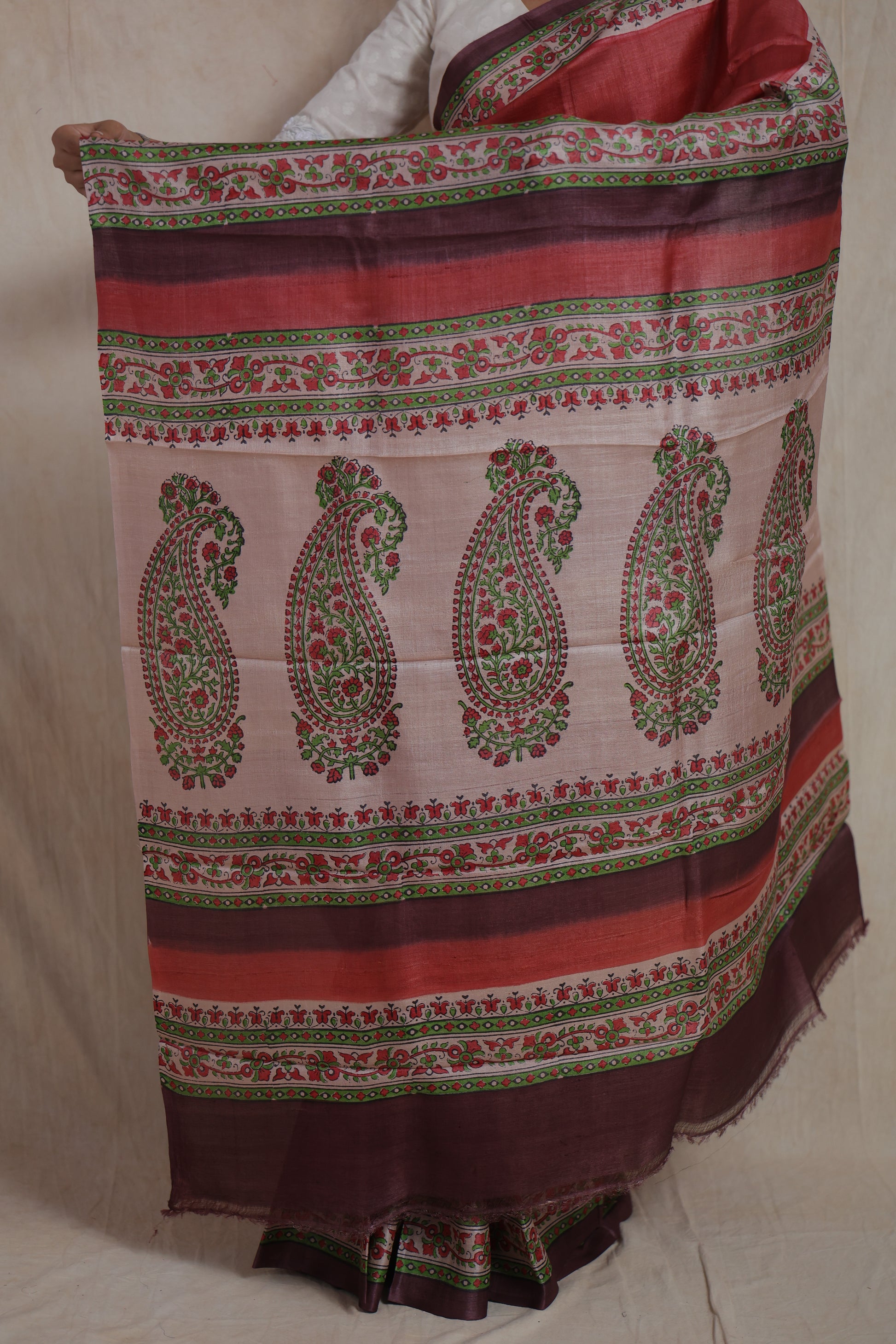Side profile of elegant Tussar print saree with printed pallu