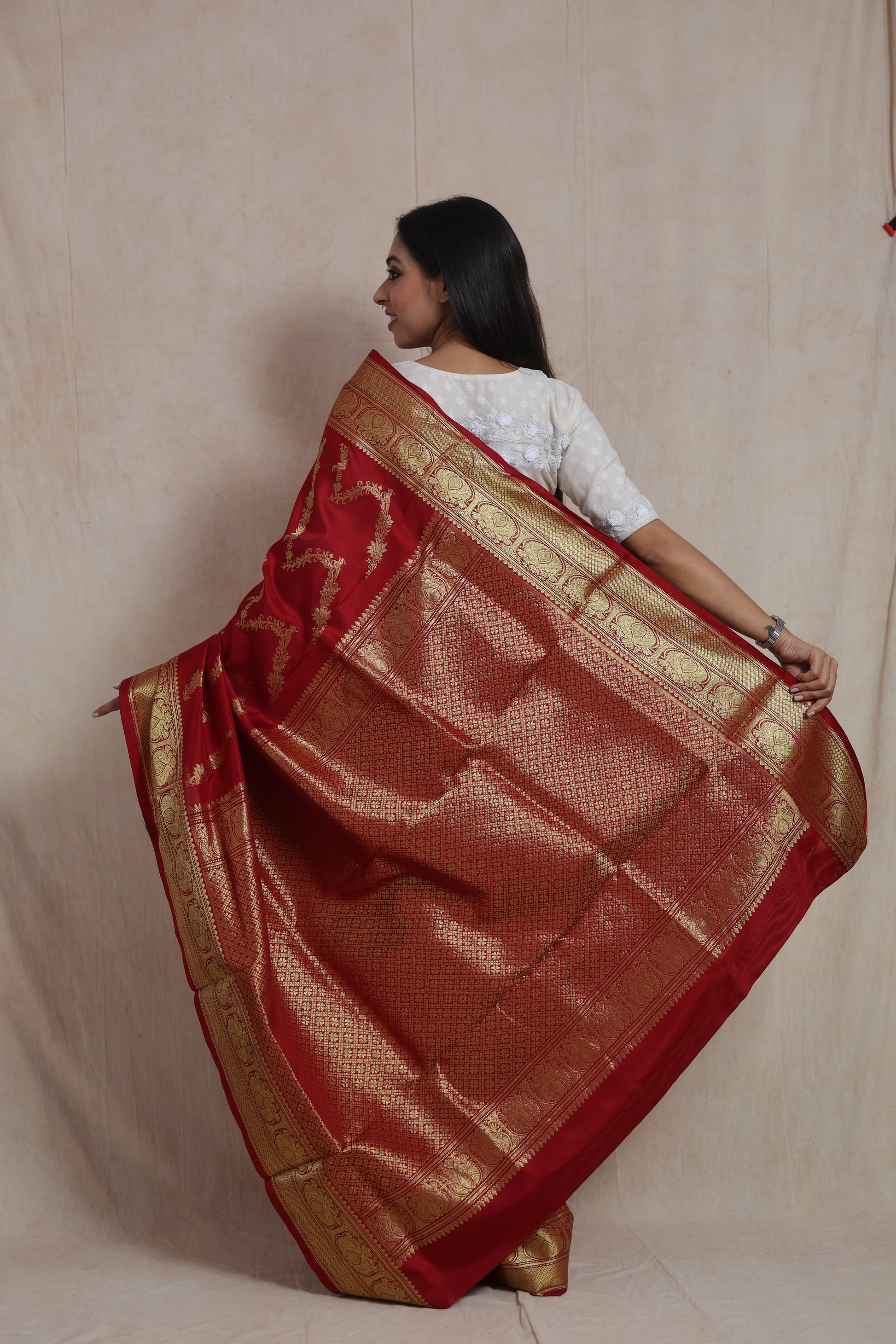 Back view highlighting the luxurious woven pallu of the crimson Venkatgiri silk saree