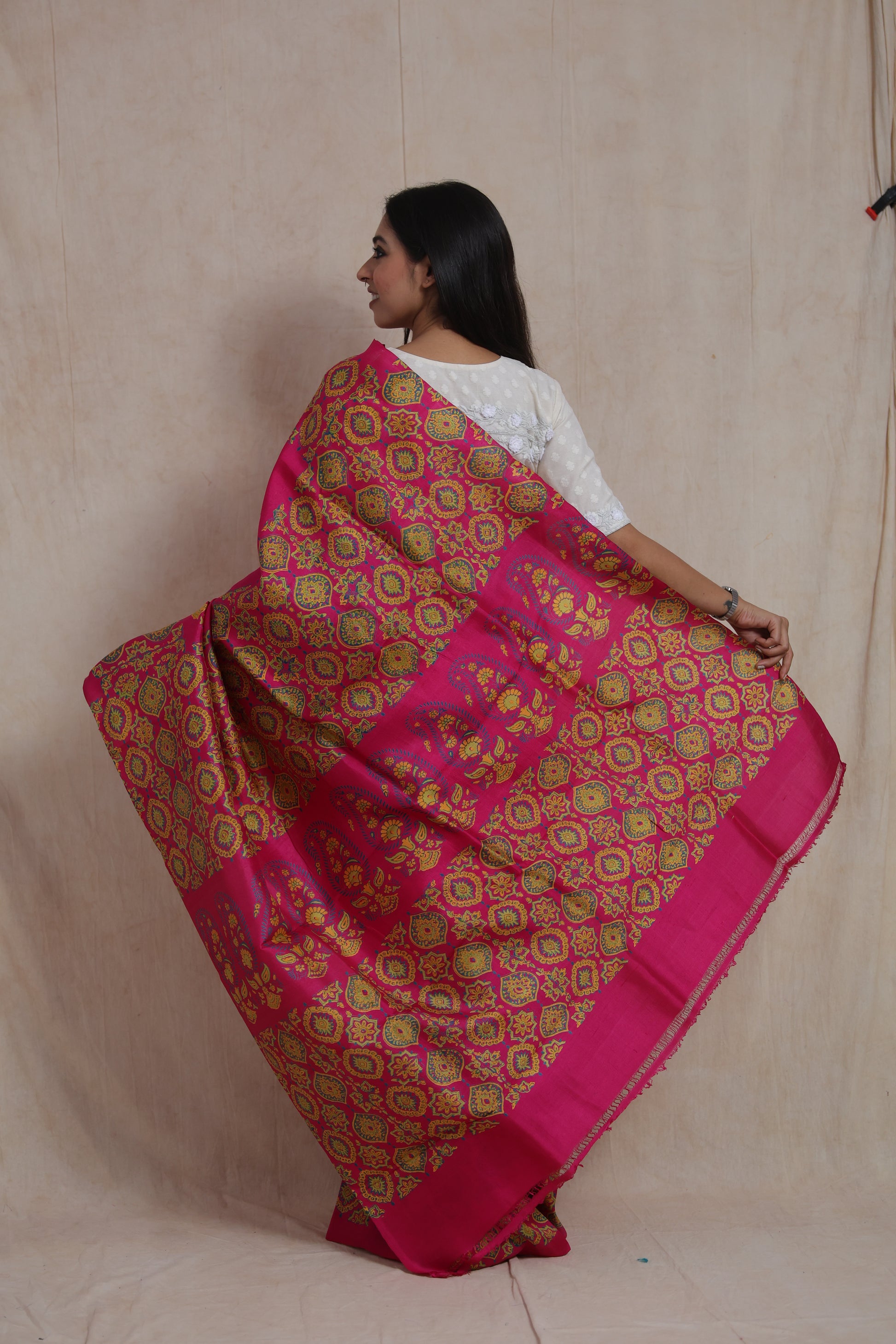 Back view showcasing the richly patterned Batik silk saree pallu with traditional motifs