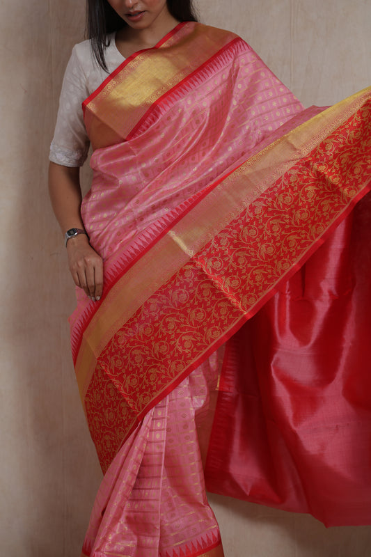 Portrait view of the model wearing a blush pink Venkatgiri silk saree with traditional woven detailing and rich pallu.