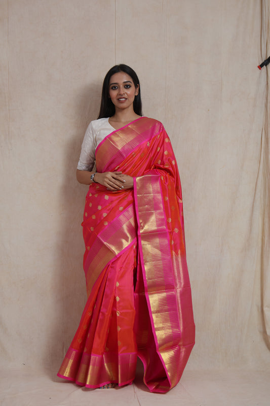 Radiant Pink Kanjivaram Silk Saree with Gold Buttas & Rich Woven Pallu