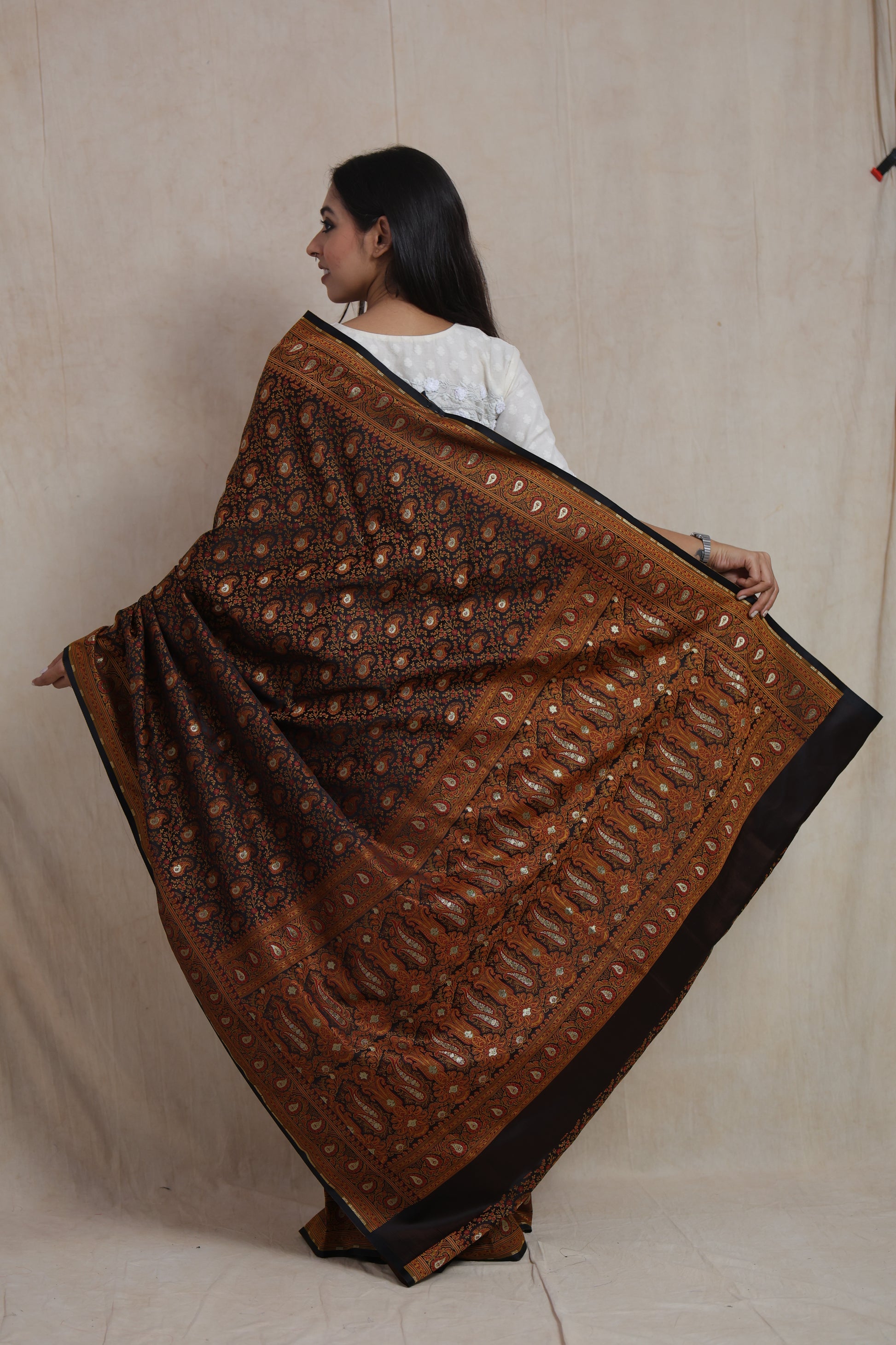 Back view of black Banarasi silk saree showcasing ornate woven pallu