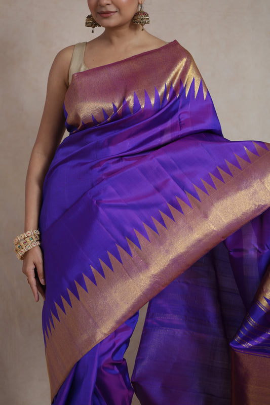 Royal Violet Kanjivaram Silk Saree with Antique Gold Zari Temple Border