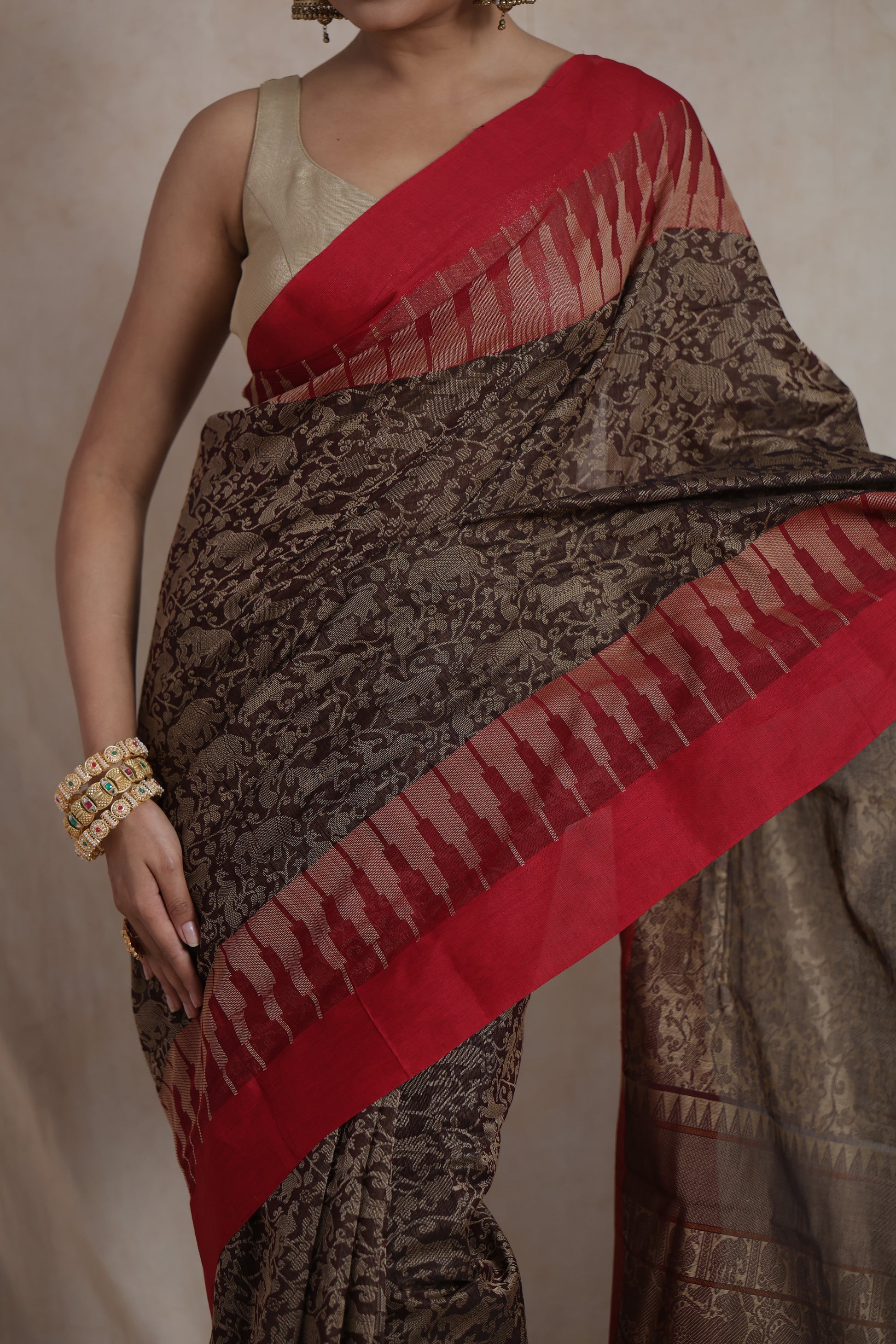 Close-up of Kanchipuram handloom cotton saree featuring intricate woven motifs and red border