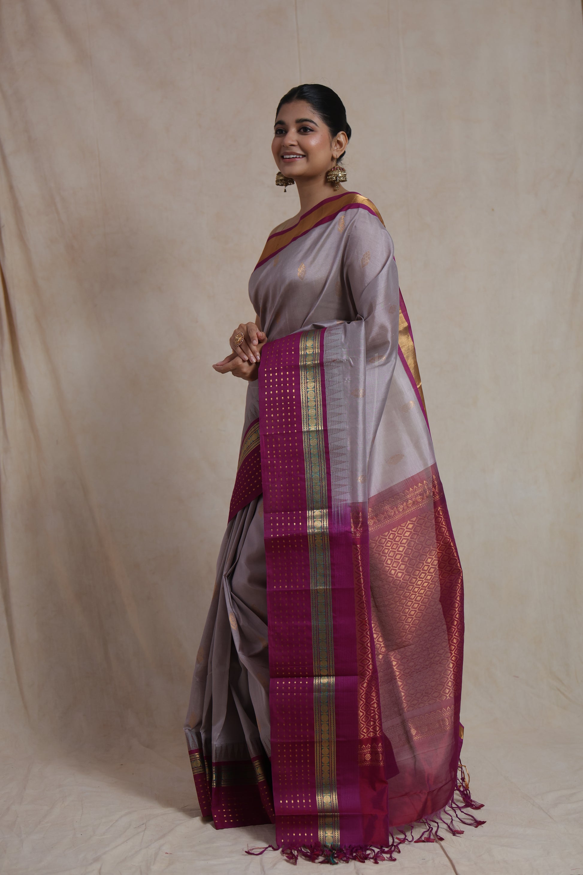 Side profile of silver grey Kanchipuram handloom Sico saree with contrast border