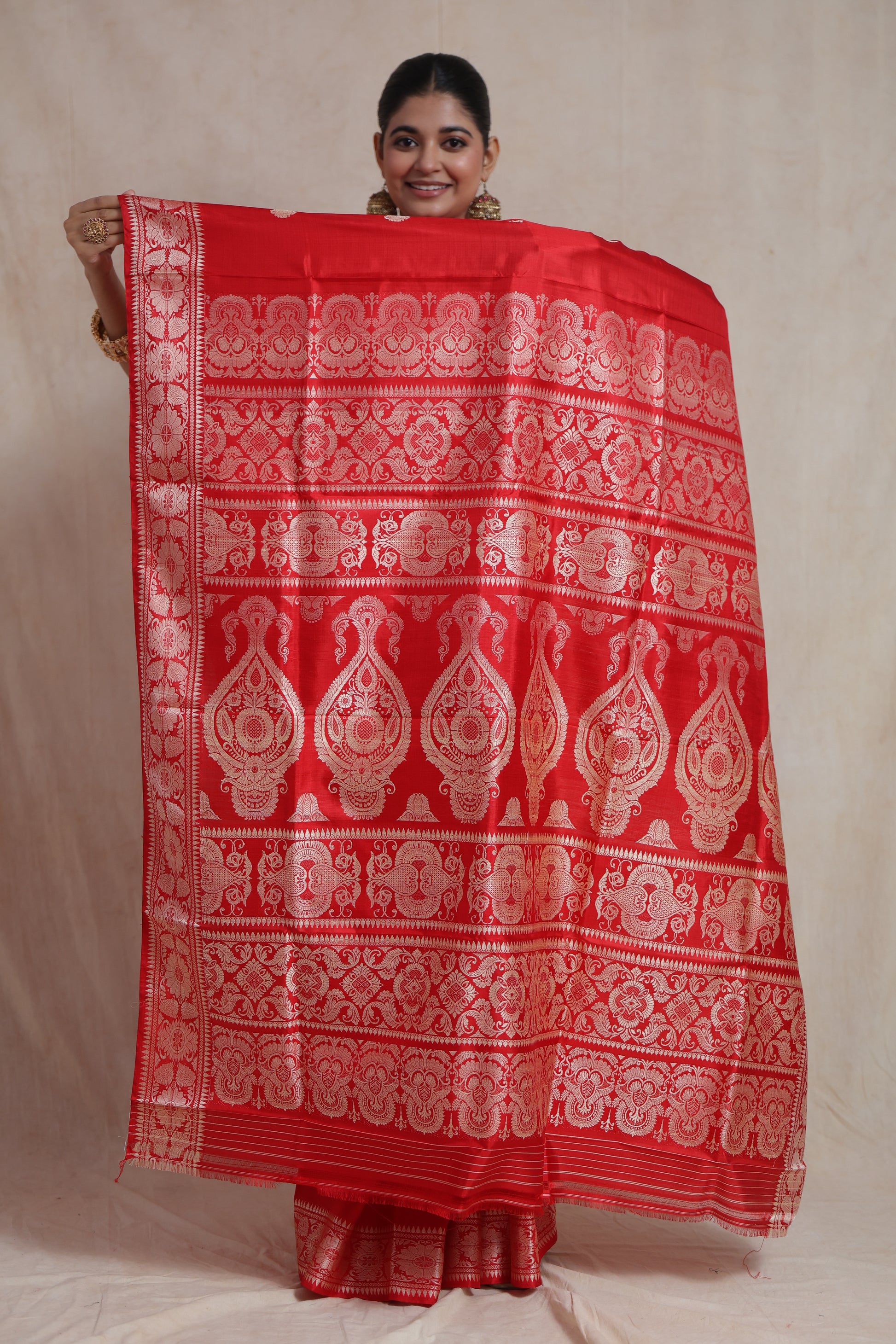 Detailed view of the richly woven Banarasi pallu featuring intricate traditional motifs and elegant craftsmanship.