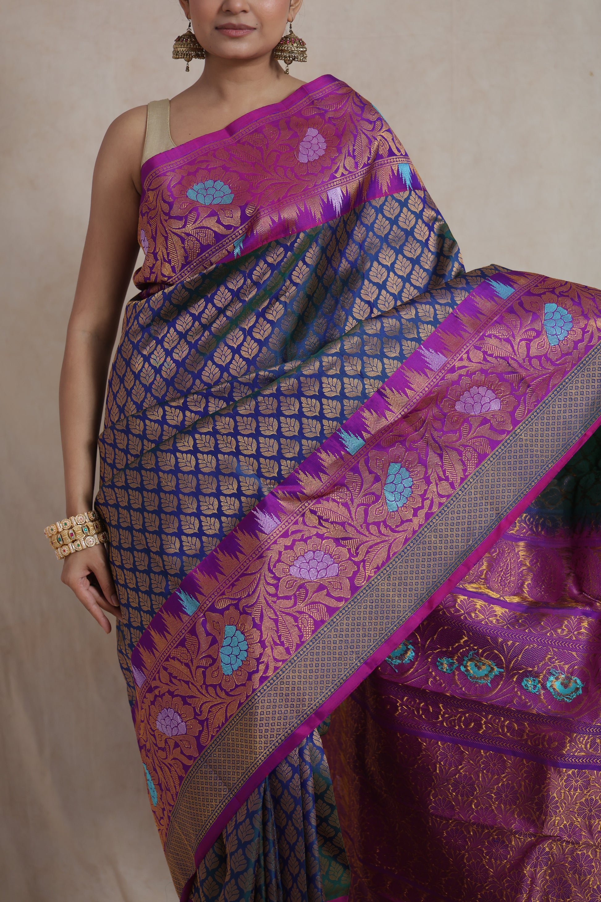 Detailed drape of navy blue Gadwal Silk Saree with intricate woven motifs