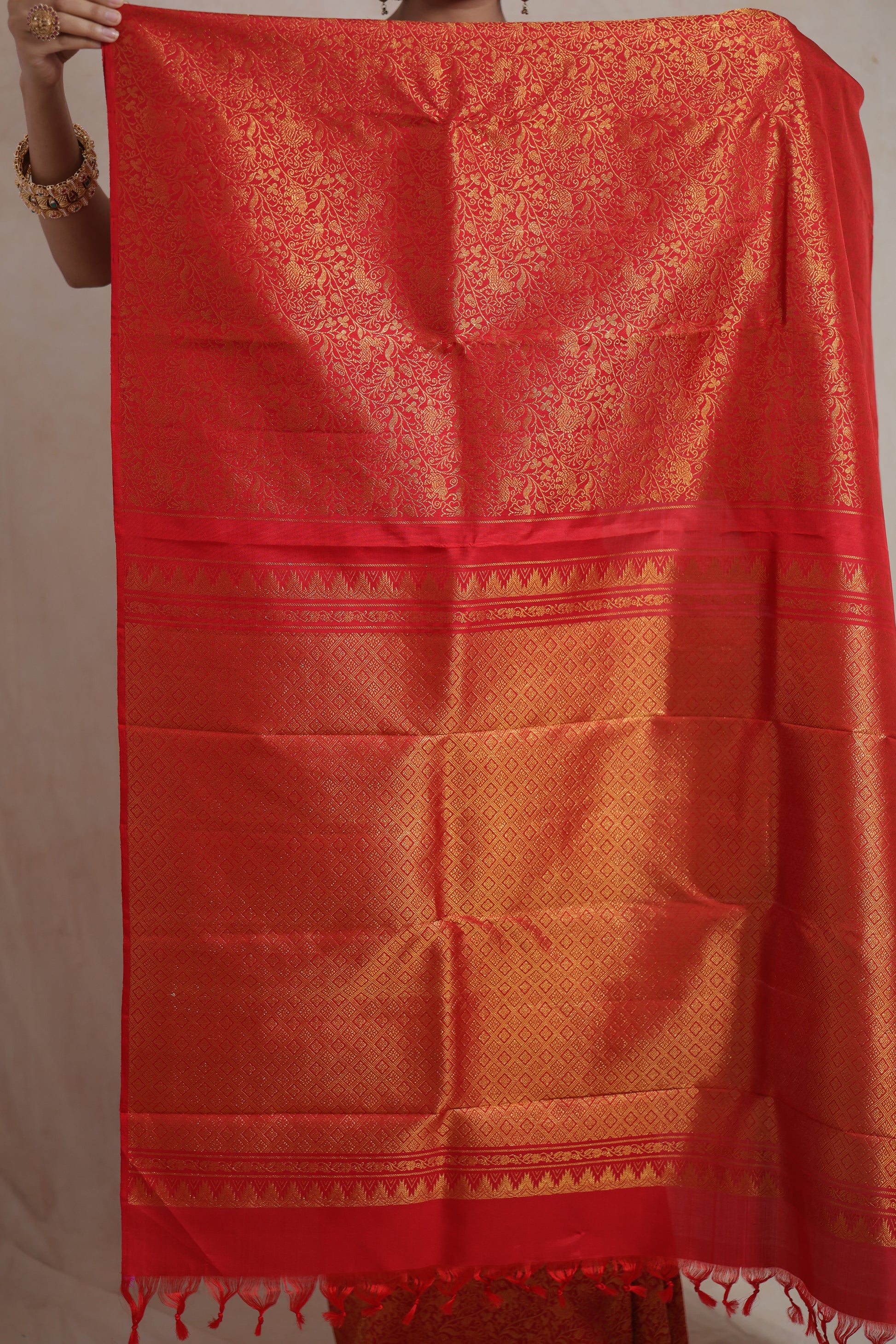 Detailed view of the intricately woven pallu and traditional border of the radiant red Kanjivaram silk saree.
