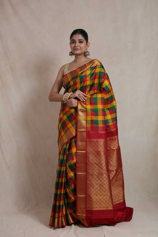 Front view of multicolor checked Kanjivaram pure silk saree with rich crimson red pallu