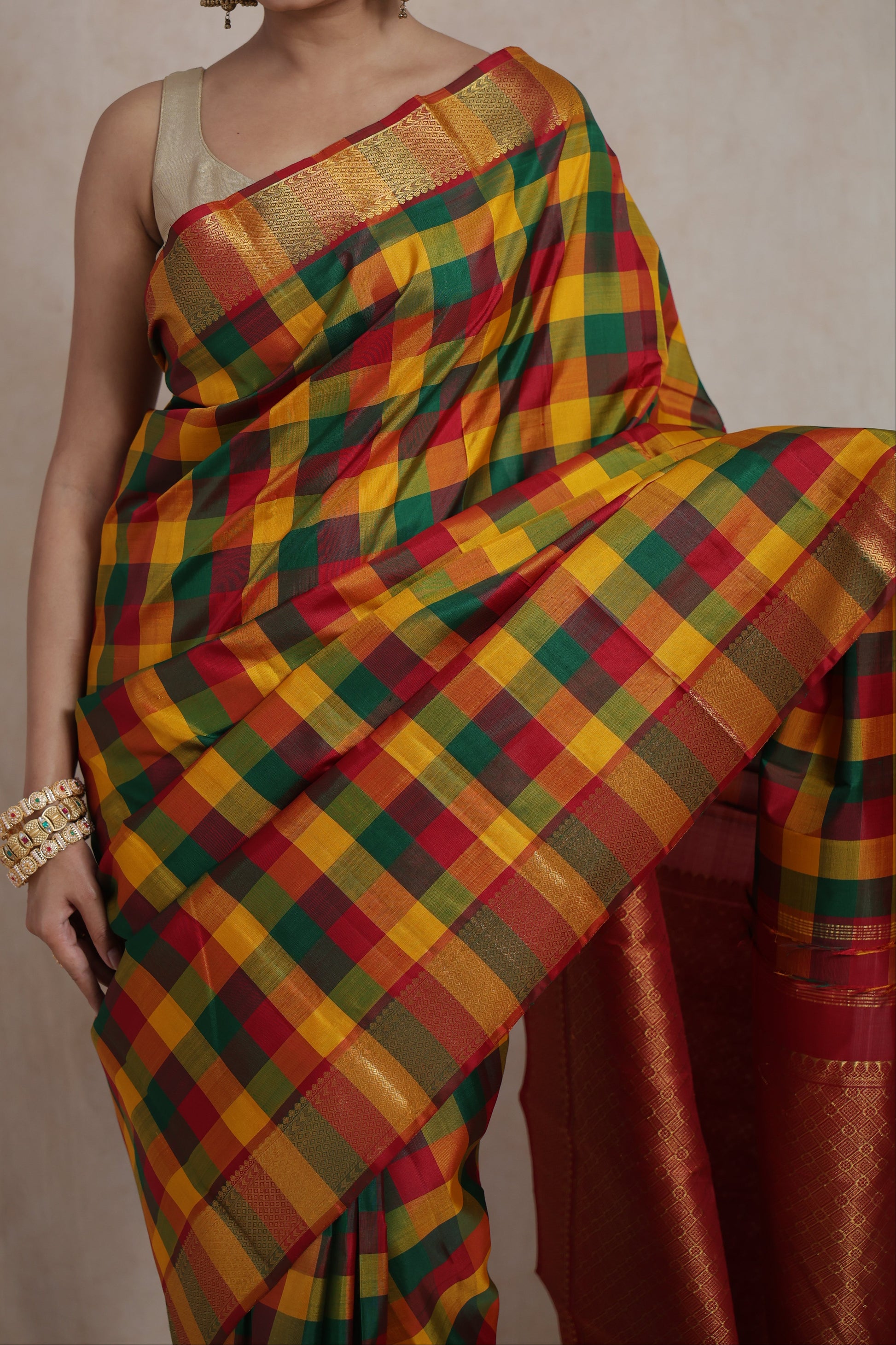 Detailed view of multicolor checked Kanjivaram pure silk saree with traditional woven border
