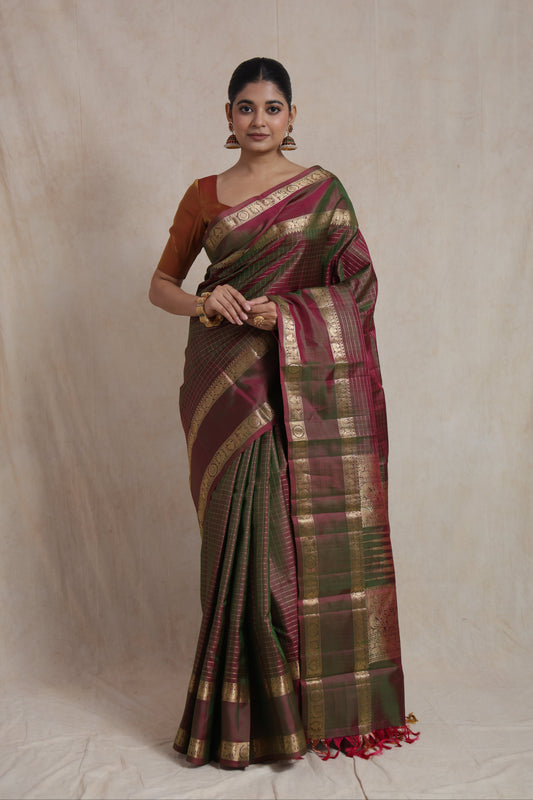 Dual-tone olive green and wine Kanjivaram pure silk saree with traditional woven border and elegant checks pattern