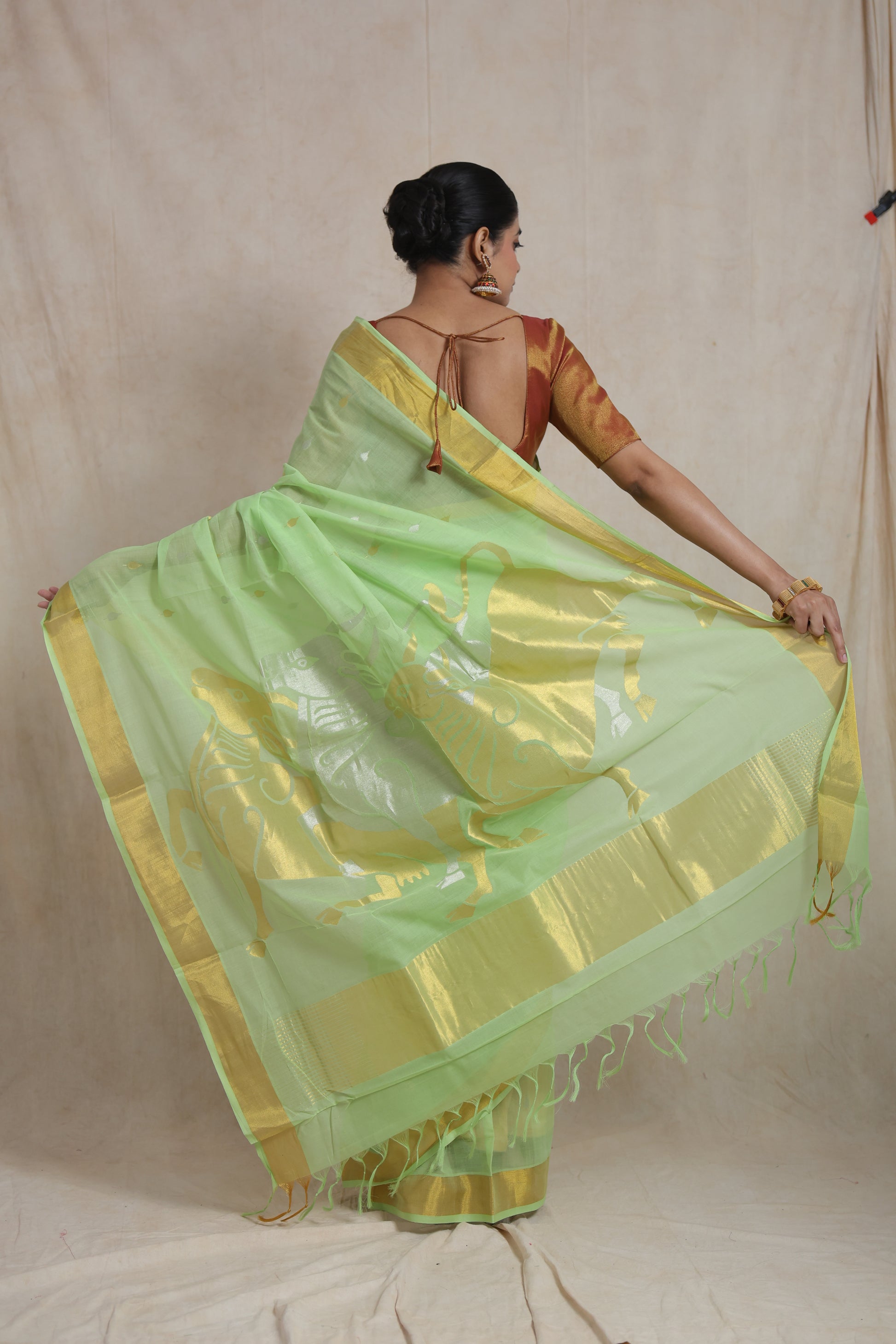 Full layout of mint green Kanchipuram cotton saree with woven border and pallu