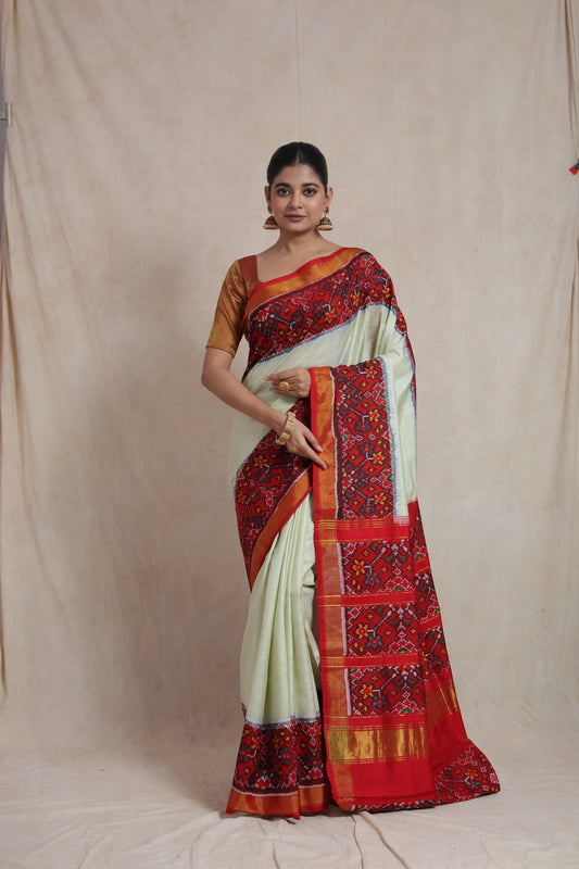 Ivory White Patola Silk Saree with Red Traditional Woven Border