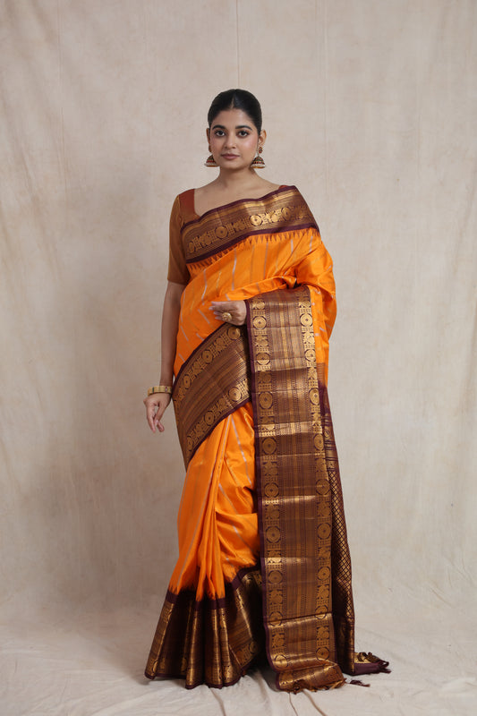 Front view of a burnt orange Gadwal silk saree with a deep brown woven border and elegant traditional pallu.