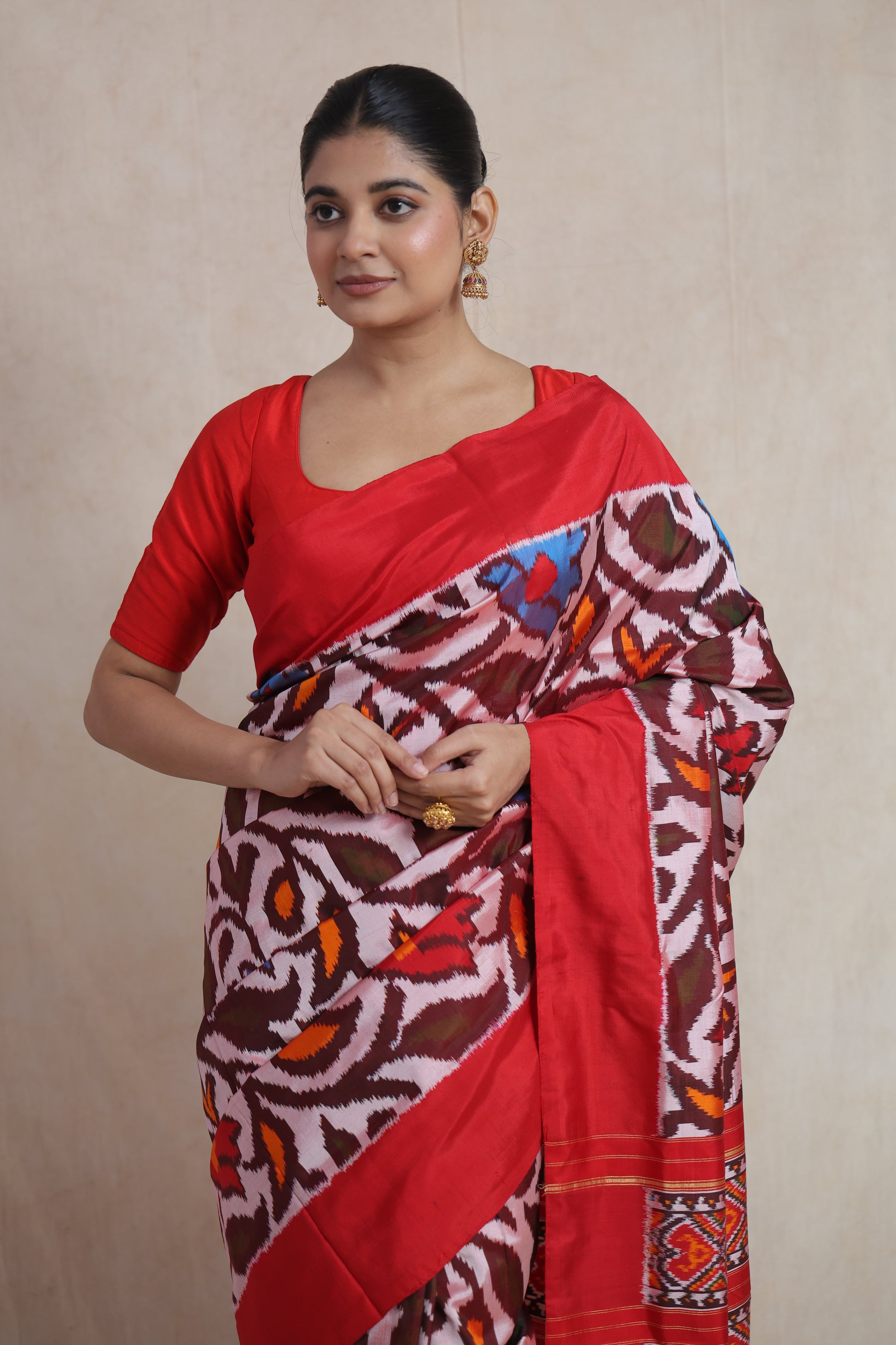 Detailed front drape of Panchampali silk saree highlighting floral ikat patterns and handcrafted weaving