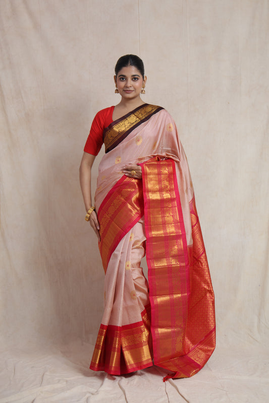 Ivory beige Gadwal handloom silk saree with crimson red border and traditional woven pallu