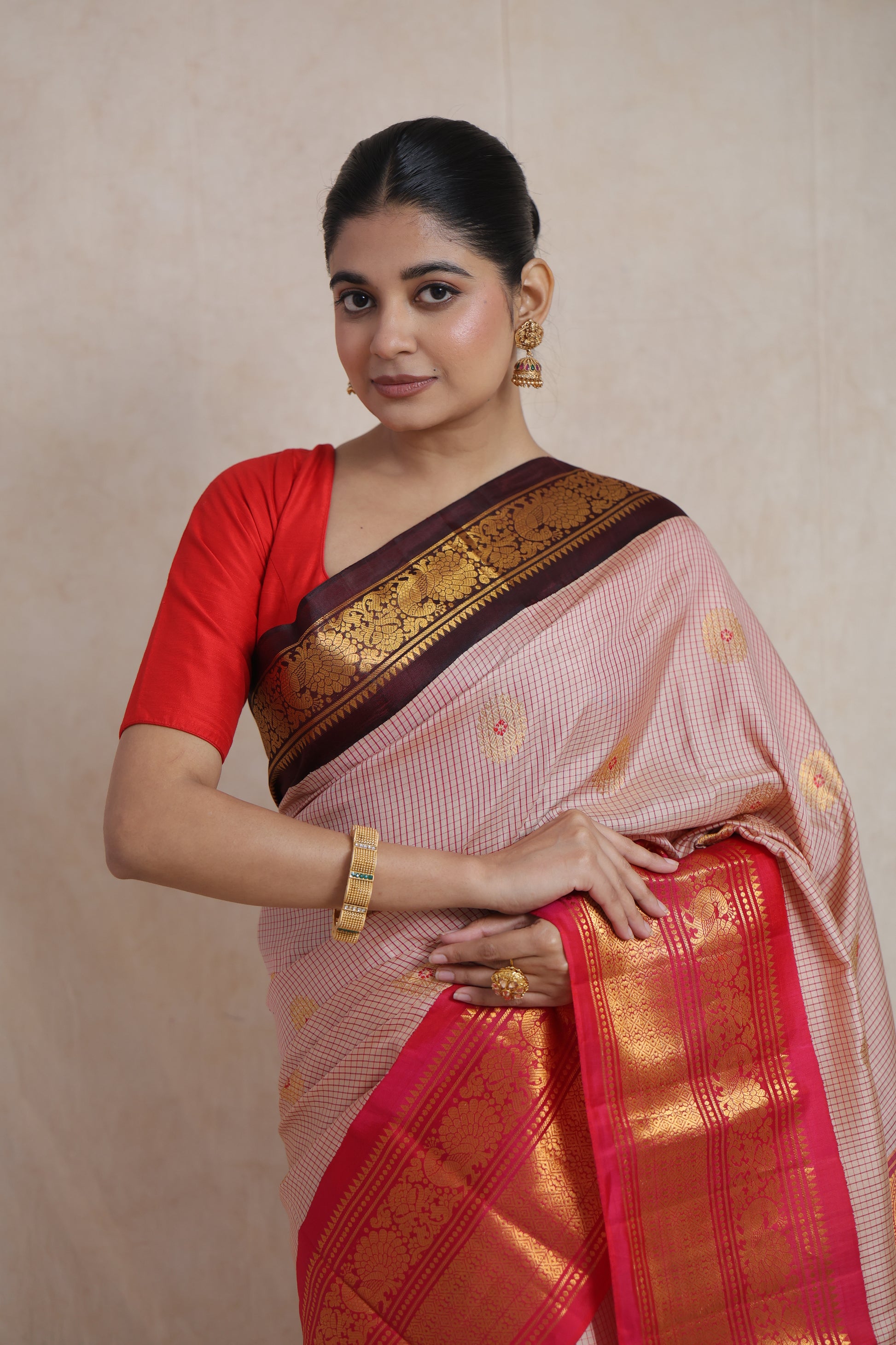 Close-up of ivory beige Gadwal handloom silk saree featuring delicate motifs and woven border