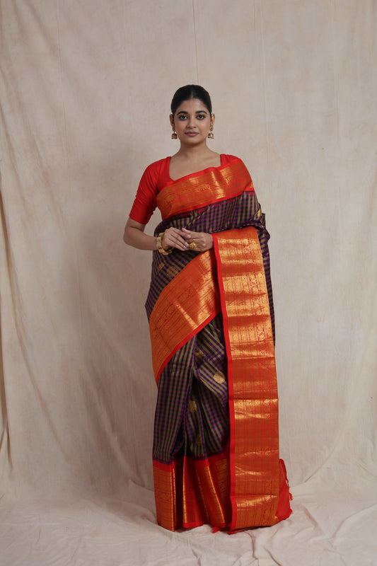 Royal Purple & Olive Green Mix Stripe Gadwal Silk Saree with Contrast Border